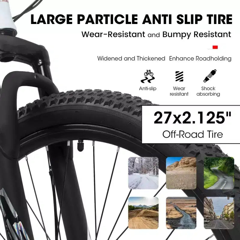 Okak 27IN Mountain Bike with Suspension Fork and Aluminum Frame, 21-Speed Dirt Bike with Disc Brake, Adult Bike for Men and Women