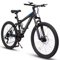 Okak 24 Inch Carbon Steel Mountain Bike with Full Suspension, Mens Bike with 21 Speed Shifter Lever and Disc Brakes, Bicycle for Kids&Adults