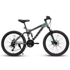 Okak 24 Inch Carbon Steel Mountain Bike with Full Suspension, Mens Bike with 21 Speed Shifter Lever and Disc Brakes, Bicycle for Kids&Adults