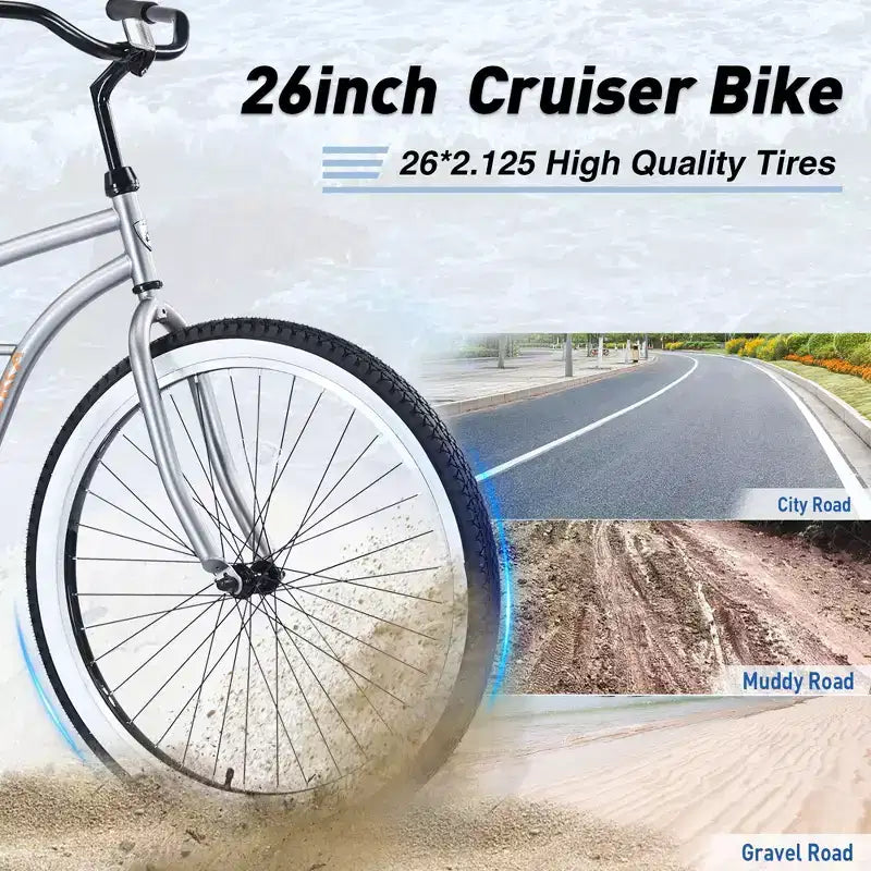 Okak 26IN Single Speed Cruiser Bikes with Steel Frame, Adult Bike with Wide Wheels and Rear Coaster Brakes, Bicycle for Mens and Women