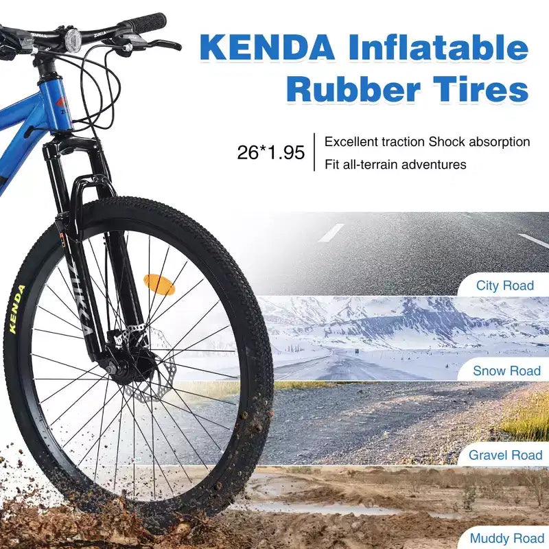 Okak 26IN Adult Bike with 24 Speed and Suspension Fork, Mountain Bike with KENDA Tires and Disk Brake, Fat Tire Bike for Men and Women