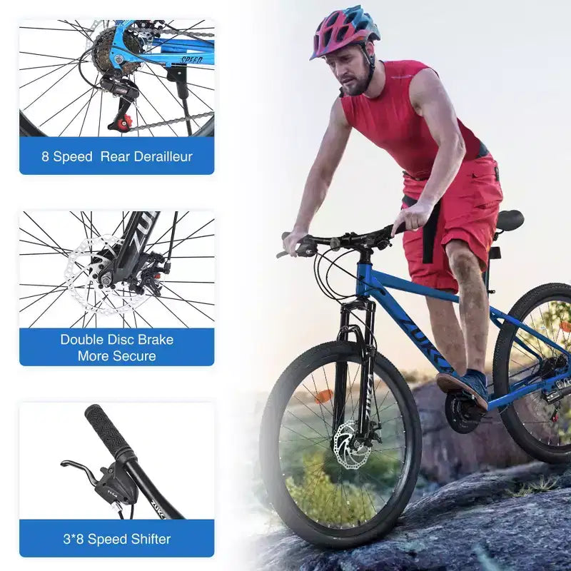 Okak 26IN Adult Bike with 24 Speed and Suspension Fork, Mountain Bike with KENDA Tires and Disk Brake, Fat Tire Bike for Men and Women