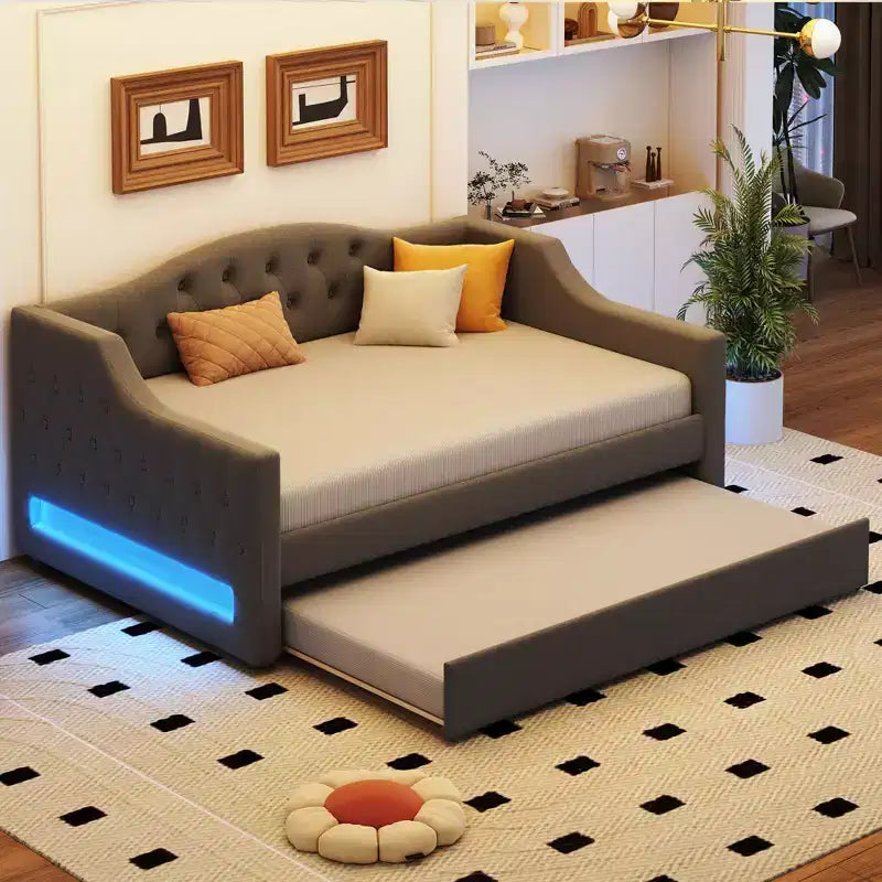 Lit gigogne Bellemave avec revêtement en tissu, taille double XL, avec bande LED et lit tiroir, gris