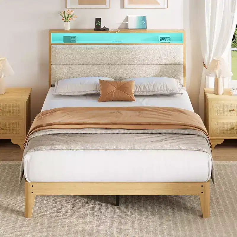 Cadre de lit COZONY avec lumières LED RGB et tête de lit de rangement à 2 niveaux, lit plateforme moderne pour chambre à coucher