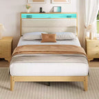 Cadre de lit COZONY avec lumières LED RGB et tête de lit de rangement à 2 niveaux, lit plateforme moderne pour chambre à coucher