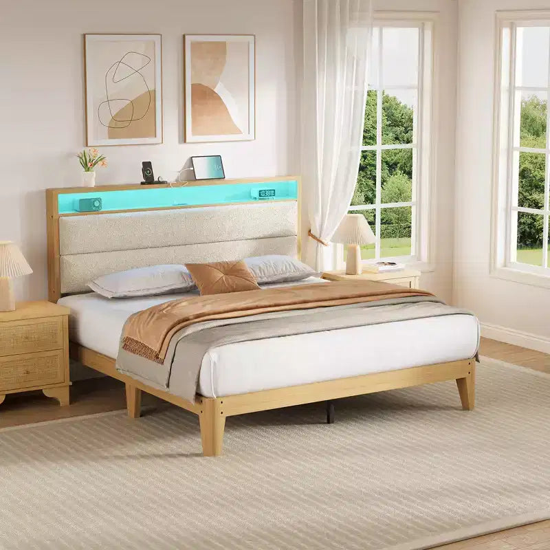 Cadre de lit COZONY avec lumières LED RGB et tête de lit de rangement à 2 niveaux, lit plateforme moderne pour chambre à coucher