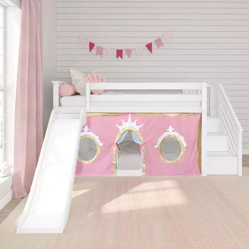 Lit superposé bas avec escalier, toboggan facile et rideau de princesse rose clair et doré