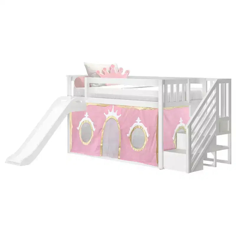 Lit superposé bas avec escalier, toboggan facile et rideau de princesse rose clair et doré