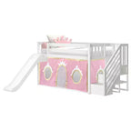 Lit superposé bas avec escalier, toboggan facile et rideau de princesse rose clair et doré