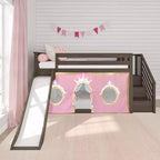 Lit superposé bas avec escalier, toboggan facile et rideau de princesse rose clair et doré