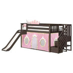 Lit superposé bas avec escalier, toboggan facile et rideau de princesse rose clair et doré