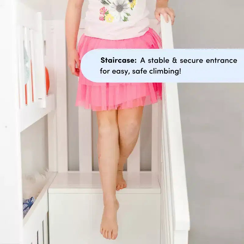 Lit superposé bas avec escalier, toboggan facile et rideau de princesse rose clair et doré