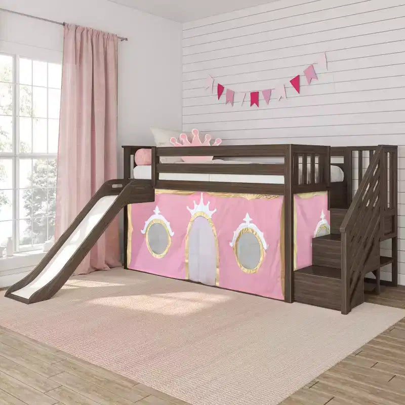 Lit superposé bas avec escalier, toboggan facile et rideau de princesse rose clair et doré