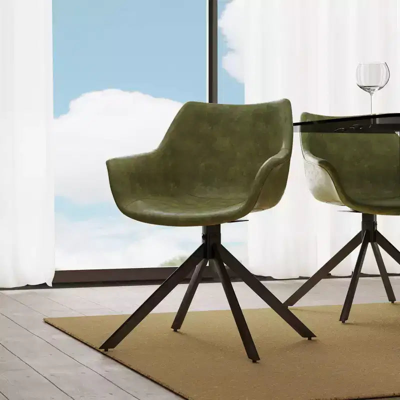 LeisureMod Markley Leather Dining Chair with 360-Degree Swivel Armchair and Powder-Coated Iron Legs Set of 2