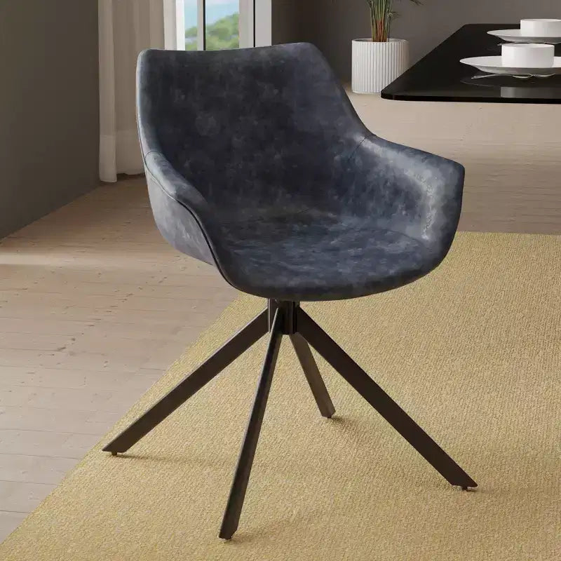LeisureMod Markley Leather Dining Chair with 360-Degree Swivel Armchair and Powder-Coated Iron Legs Set of 2