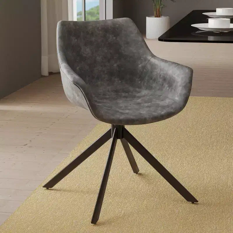 LeisureMod Markley Leather Dining Chair with 360-Degree Swivel Armchair and Powder-Coated Iron Legs Set of 2