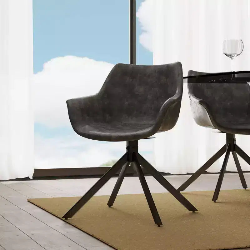 LeisureMod Markley Leather Dining Chair with 360-Degree Swivel Armchair and Powder-Coated Iron Legs Set of 2