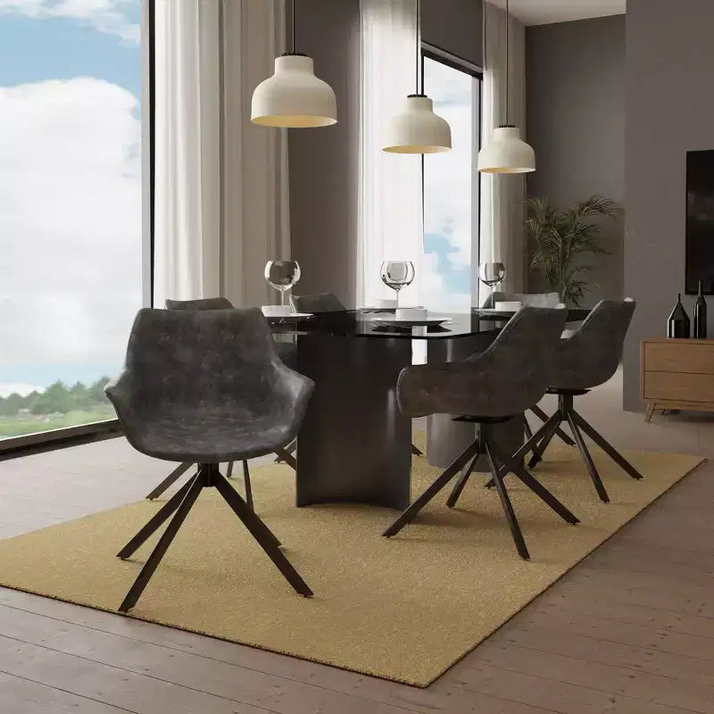 LeisureMod Markley Leather Dining Chair with 360-Degree Swivel Armchair and Powder-Coated Iron Legs Set of 2