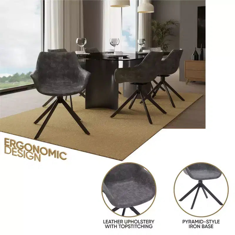 LeisureMod Markley Leather Dining Chair with 360-Degree Swivel Armchair and Powder-Coated Iron Legs Set of 2