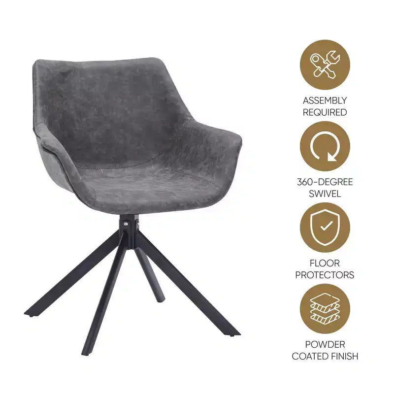 LeisureMod Markley Leather Dining Chair with 360-Degree Swivel Armchair and Powder-Coated Iron Legs Set of 2