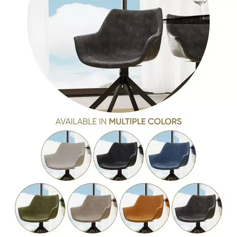 LeisureMod Markley Leather Dining Chair with 360-Degree Swivel Armchair and Powder-Coated Iron Legs Set of 2