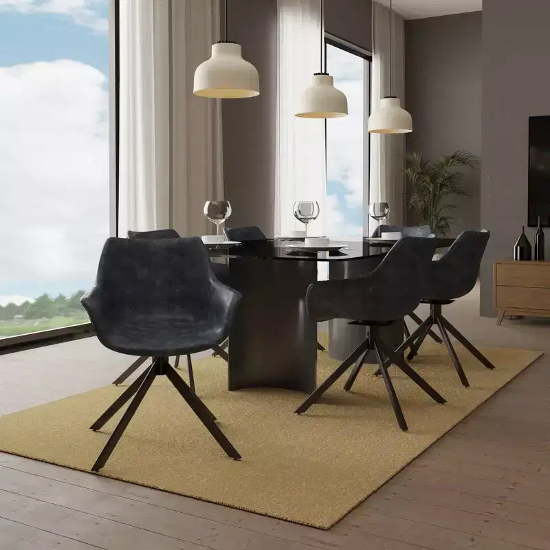 LeisureMod Markley Leather Dining Chair with 360-Degree Swivel Armchair and Powder-Coated Iron Legs Set of 2