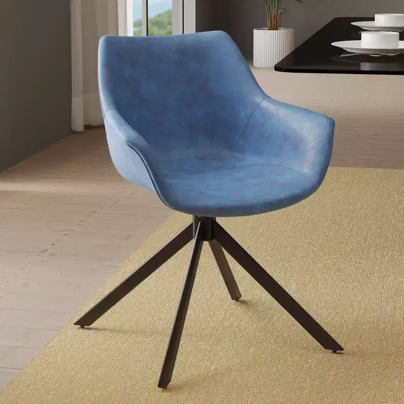 LeisureMod Markley Leather Dining Chair with 360-Degree Swivel Armchair and Powder-Coated Iron Legs Set of 2