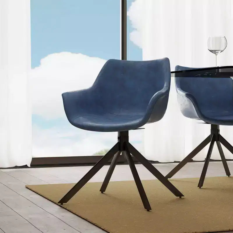LeisureMod Markley Leather Dining Chair with 360-Degree Swivel Armchair and Powder-Coated Iron Legs Set of 2