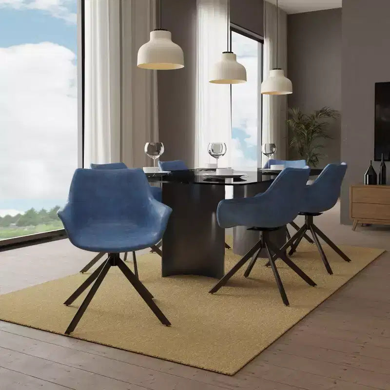 LeisureMod Markley Leather Dining Chair with 360-Degree Swivel Armchair and Powder-Coated Iron Legs Set of 2
