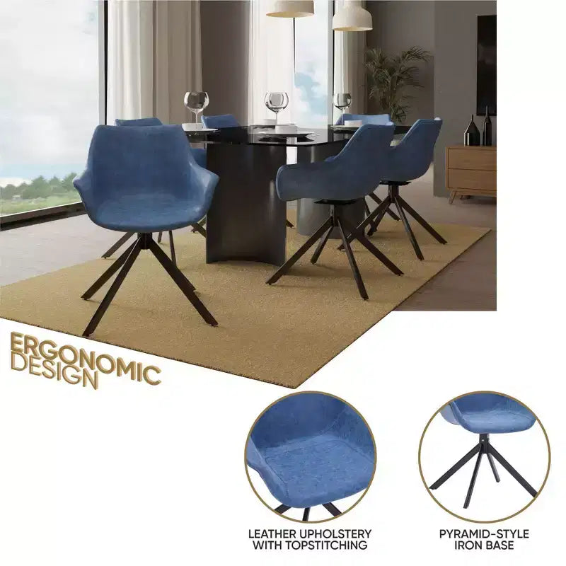 LeisureMod Markley Leather Dining Chair with 360-Degree Swivel Armchair and Powder-Coated Iron Legs Set of 2