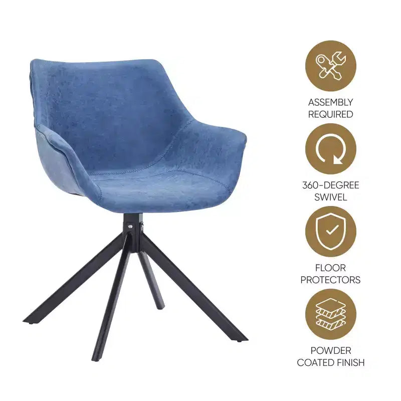 LeisureMod Markley Leather Dining Chair with 360-Degree Swivel Armchair and Powder-Coated Iron Legs Set of 2