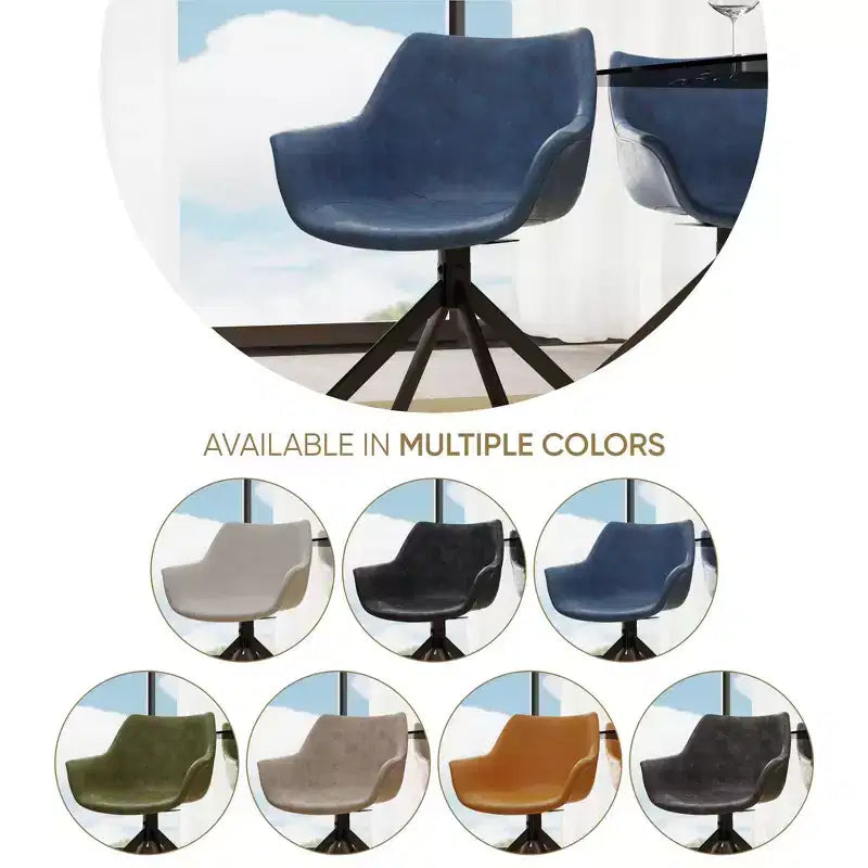 LeisureMod Markley Leather Dining Chair with 360-Degree Swivel Armchair and Powder-Coated Iron Legs Set of 2