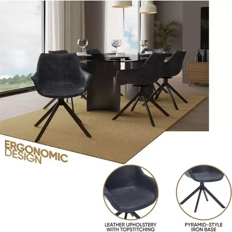 LeisureMod Markley Leather Dining Chair with 360-Degree Swivel Armchair and Powder-Coated Iron Legs Set of 2