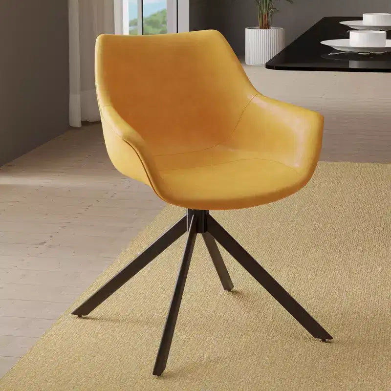 LeisureMod Markley Leather Dining Chair with 360-Degree Swivel Armchair and Powder-Coated Iron Legs Set of 2