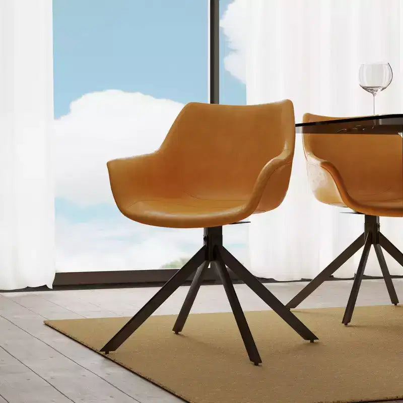 LeisureMod Markley Leather Dining Chair with 360-Degree Swivel Armchair and Powder-Coated Iron Legs Set of 2