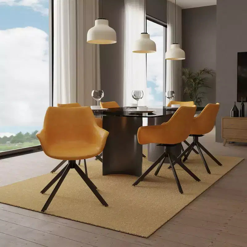 LeisureMod Markley Leather Dining Chair with 360-Degree Swivel Armchair and Powder-Coated Iron Legs Set of 2