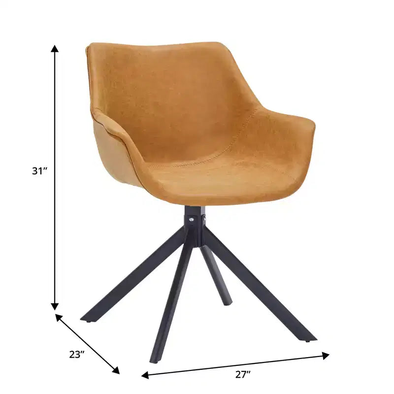 LeisureMod Markley Leather Dining Chair with 360-Degree Swivel Armchair and Powder-Coated Iron Legs Set of 2