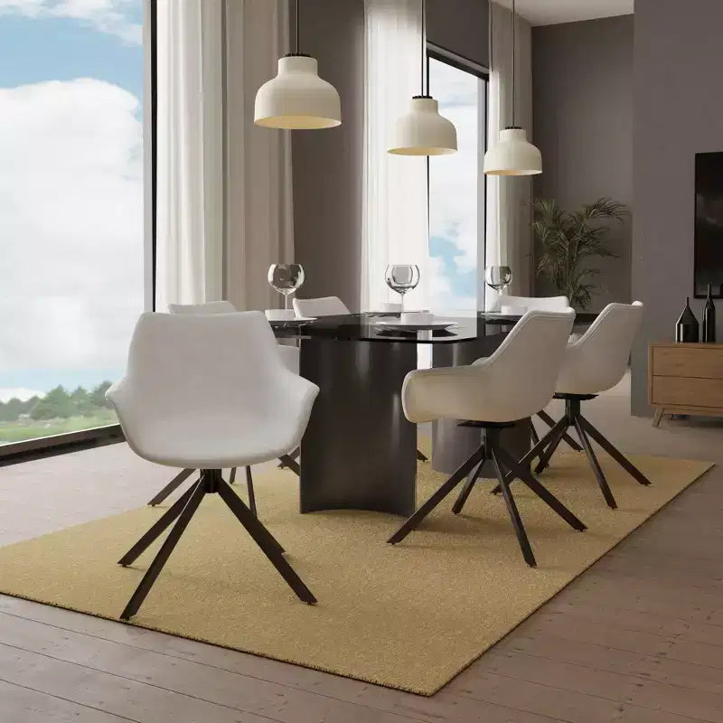 LeisureMod Markley Leather Dining Chair with 360-Degree Swivel Armchair and Powder-Coated Iron Legs Set of 2