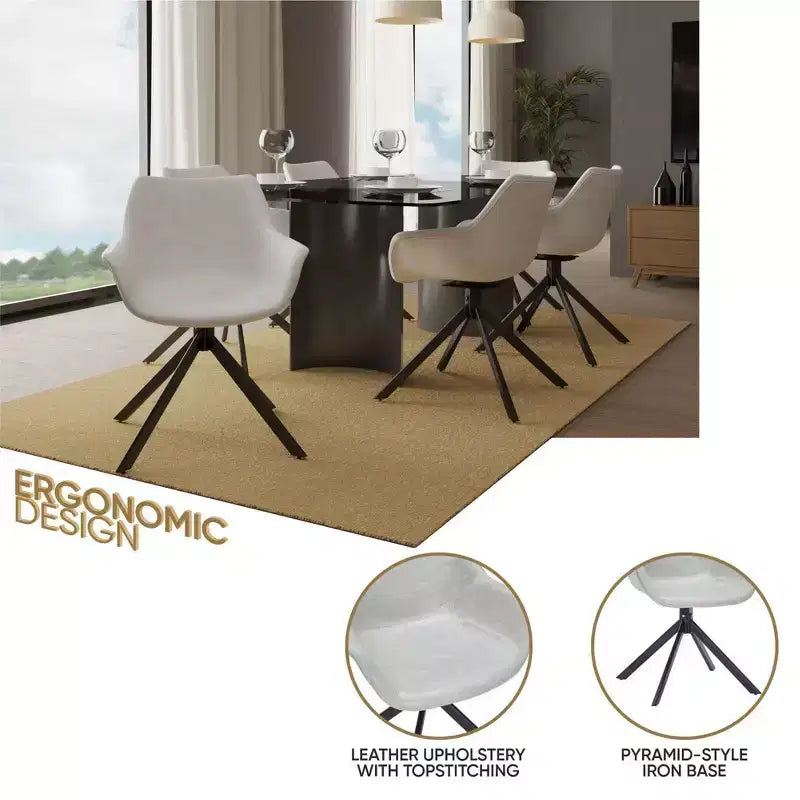 LeisureMod Markley Leather Dining Chair with 360-Degree Swivel Armchair and Powder-Coated Iron Legs Set of 2