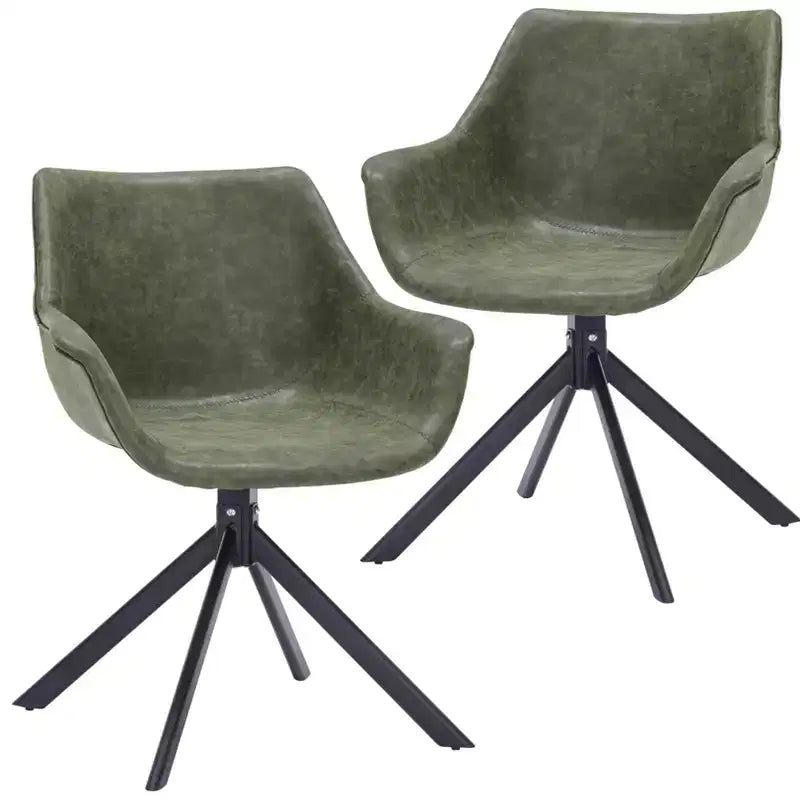 LeisureMod Markley Leather Dining Chair with 360-Degree Swivel Armchair and Powder-Coated Iron Legs Set of 2