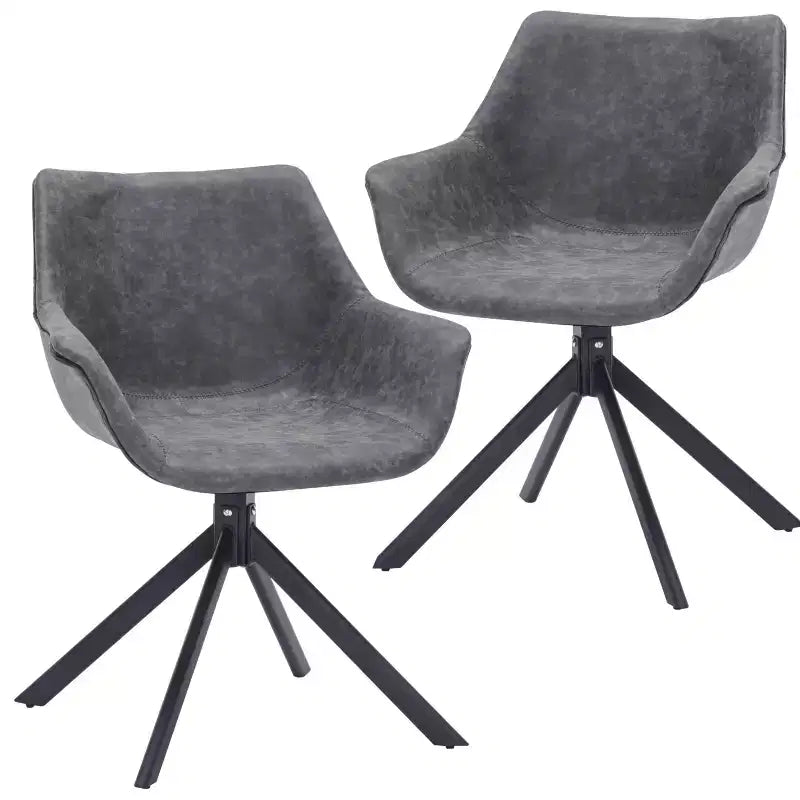 LeisureMod Markley Leather Dining Chair with 360-Degree Swivel Armchair and Powder-Coated Iron Legs Set of 2