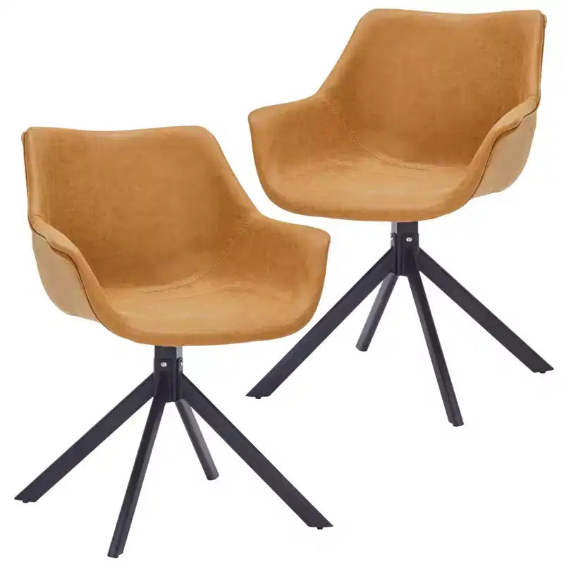 LeisureMod Markley Leather Dining Chair with 360-Degree Swivel Armchair and Powder-Coated Iron Legs Set of 2