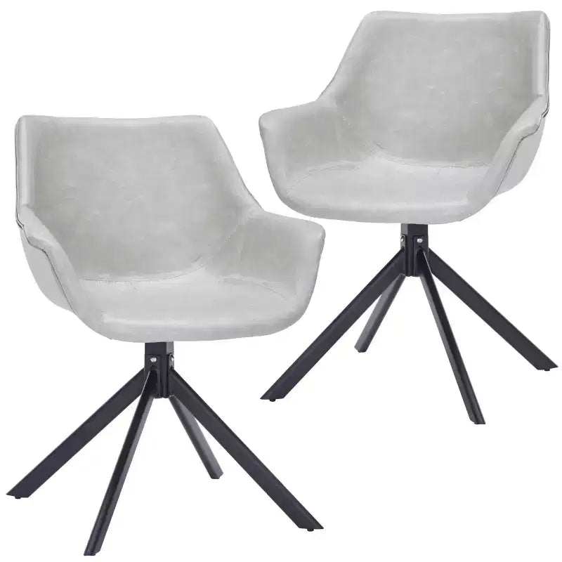 LeisureMod Markley Leather Dining Chair with 360-Degree Swivel Armchair and Powder-Coated Iron Legs Set of 2