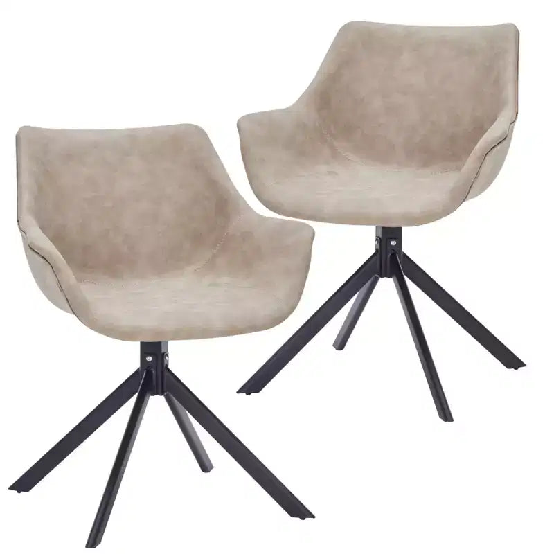 LeisureMod Markley Leather Dining Chair with 360-Degree Swivel Armchair and Powder-Coated Iron Legs Set of 2
