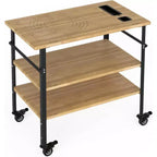 Pizza Oven Table 33x20x35.5, Outdoor Grill Table on 4 Wheels, Three-Shelf Bamboo Cart for Food Prep, BBQ Dining, Wood Color