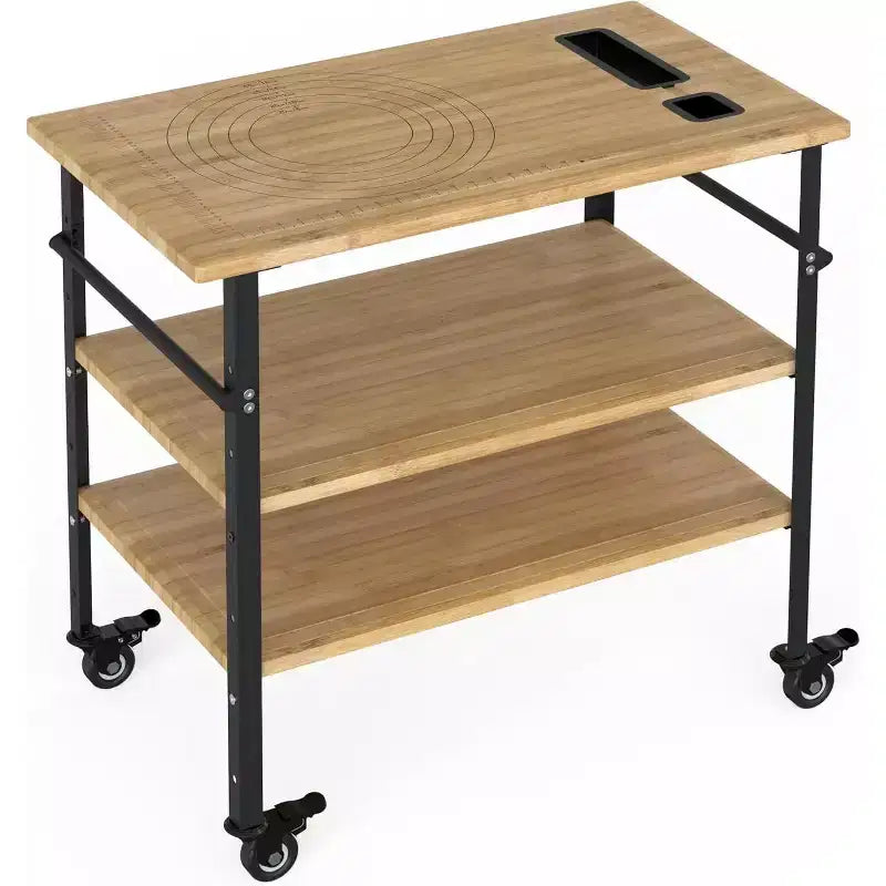 Pizza Oven Table 33x20x35.5, Outdoor Grill Table on 4 Wheels, Three-Shelf Bamboo Cart for Food Prep, BBQ Dining, Wood Color