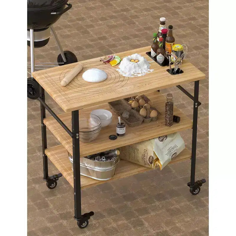 Table de four à pizza 33x20x35.5, Table de barbecue d'extérieur sur 4 roues, Chariot à trois étagères en bambou pour la préparation des aliments, Repas barbecue, Couleur bois