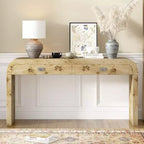 Console en placage de loupe Okak avec tiroirs de rangement, table d'entrée avec pieds robustes et poignées en métal, table de foyer pour le couloir, le salon