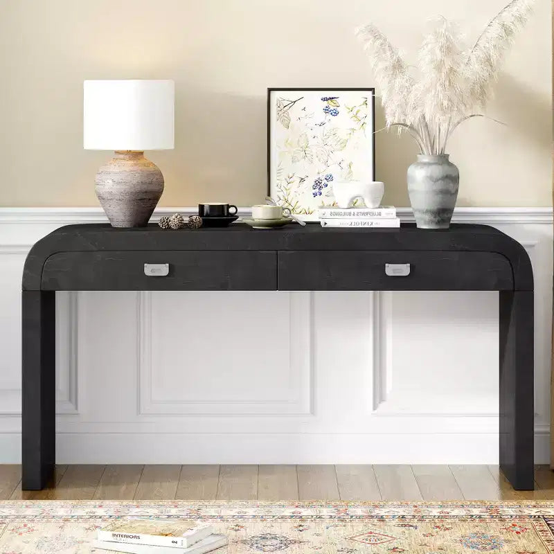 Console en placage de loupe Okak avec tiroirs de rangement, table d'entrée avec pieds robustes et poignées en métal, table de foyer pour le couloir, le salon