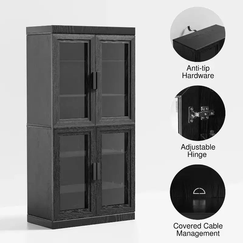 PexFix 31 Bibliothèque moderne en bois avec 2 portes vitrées et étagère réglable pour cuisine, chambre, entrée, salon, salle à manger, noir